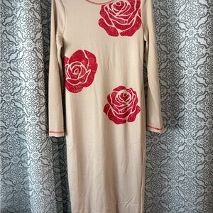 SHEIN Beige Long Sleeve Midi Dress with Red Rose Prints